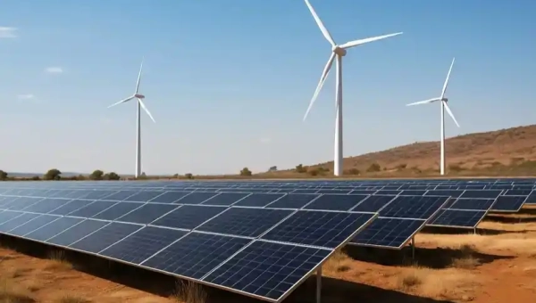 Solarfarm mit Windkraftanlagen in afrikanischer Landschaft – erneuerbare Energien, deutsche Investitionen, Klimaschutz, grüne Energie.